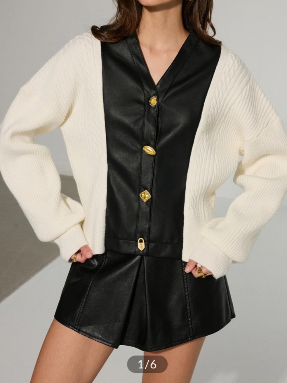 Leather patchwork button down cardigan - Picture 2 of 6